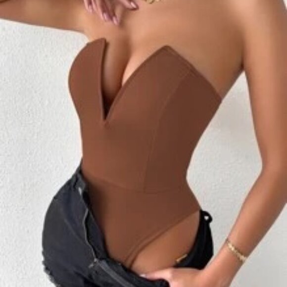 NEW! V Plunge Strapless Tank Bodysuit | BROWN - Picture 5 of 8